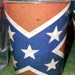 A cup with the confederate flag painted on it.