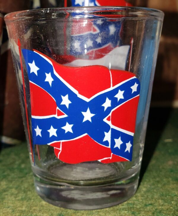 A glass with the confederate flag on it.