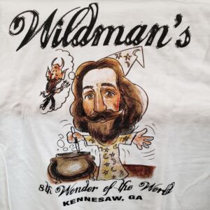 A t-shirt with an image of a man holding a pot.