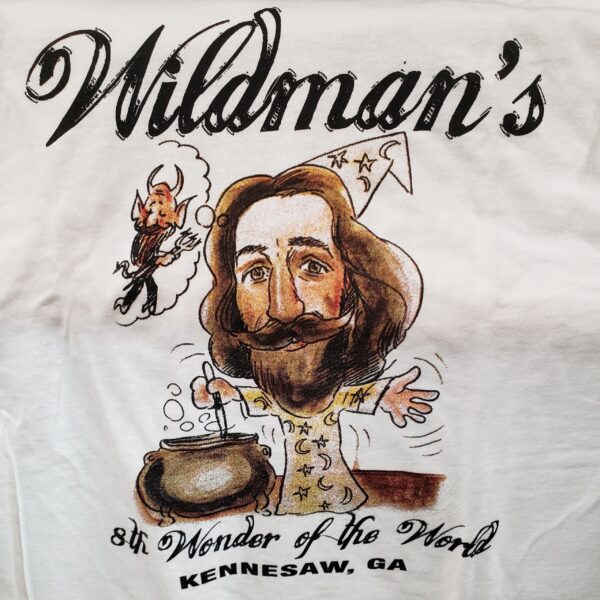 A t-shirt with an image of a man holding a pot.