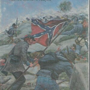 A painting of the civil war with soldiers and flags.