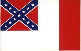 A red, white and blue flag with the confederate flag on it.