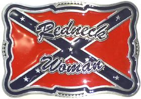 A belt buckle with the words redneck woman on it.