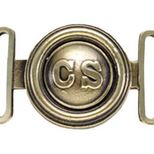 A close up of the buckle with the letter cs on it