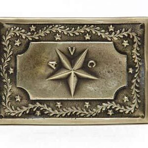 A rectangular plaque with a star and a wreath around it.