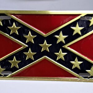 A belt buckle with the confederate flag on it.