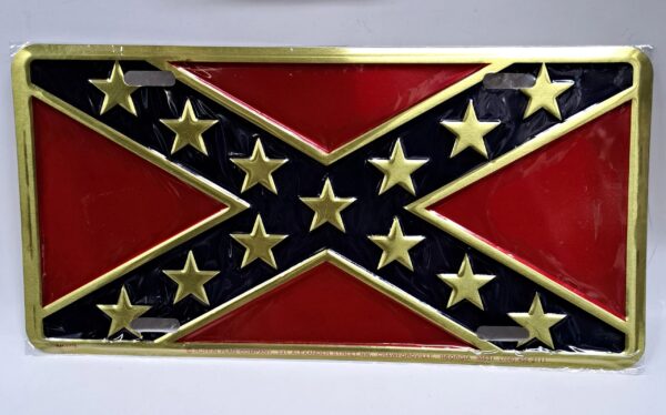 A belt buckle with the confederate flag on it.