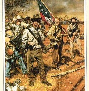 A painting of men in the field holding flags.