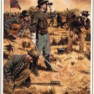 A painting of men in the field with guns.