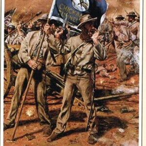 A painting of men in uniform holding flags.