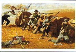 A painting of men in the field with guns.