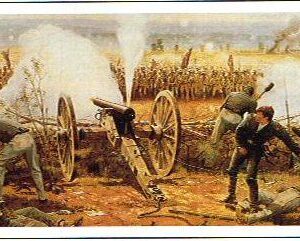 A painting of men with guns and a cannon.