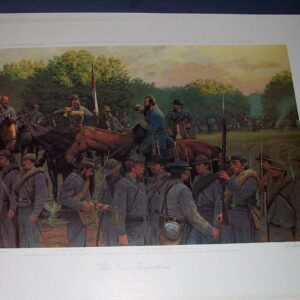 A painting of men in uniform standing next to horses.