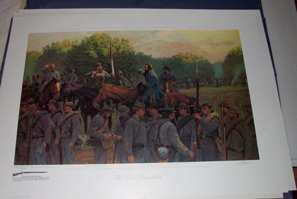 A painting of men in uniform standing next to horses.