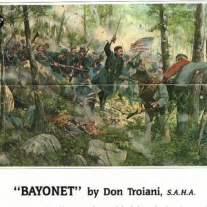 A painting of soldiers in the woods with trees.