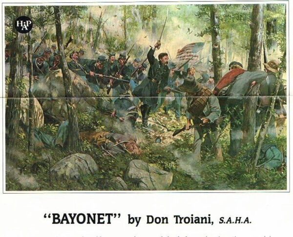 A painting of soldiers in the woods with trees.