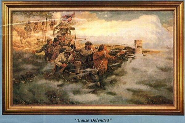 A painting of soldiers on a boat in the water.