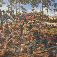 A painting of soldiers in the woods fighting.