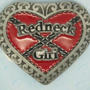 A heart shaped pin with the words redneck girl on it.