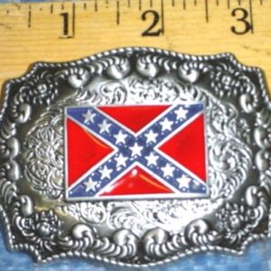 A confederate flag belt buckle is shown on the scale.