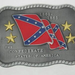 A belt buckle with the confederate flag and stars.