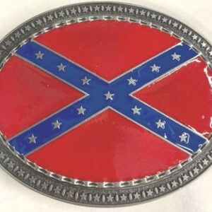 A belt buckle with the confederate flag on it.