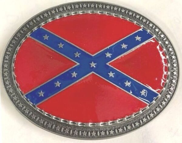 A belt buckle with the confederate flag on it.