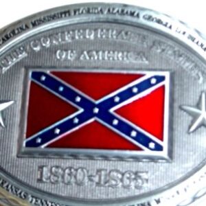 A close up of the confederate flag on a belt buckle