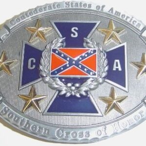 A belt buckle with the confederate cross and stars.