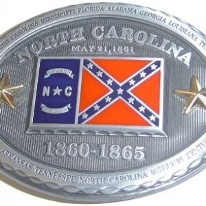 A silver belt buckle with the state flag and stars.