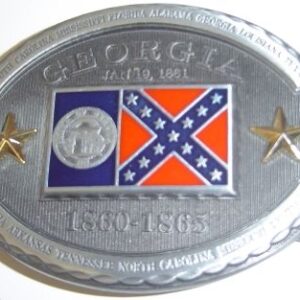 A belt buckle with the confederate flag on it.