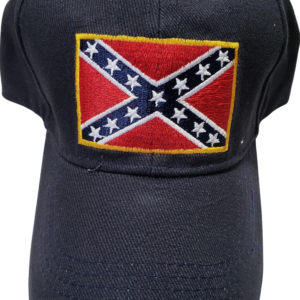 A black hat with the confederate flag on it.