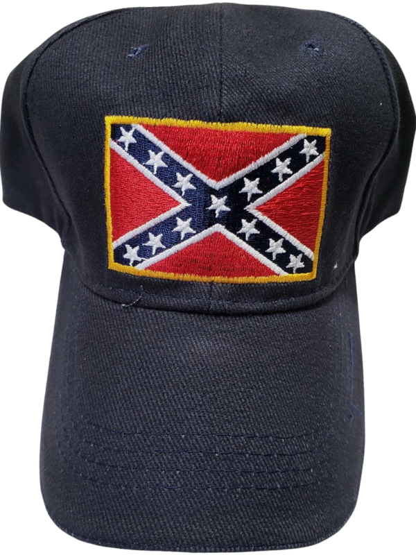 A black hat with the confederate flag on it.