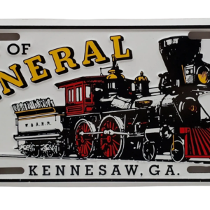 A license plate with an old fashioned train on it.