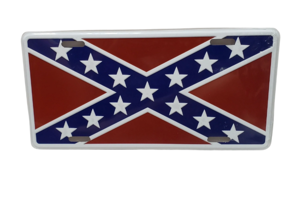 A red, white and blue confederate flag license plate.