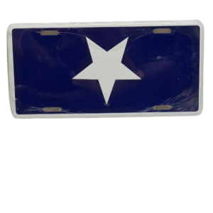 A blue and white star license plate.