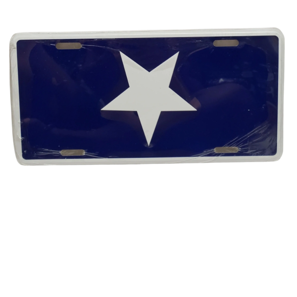 A blue and white star license plate.