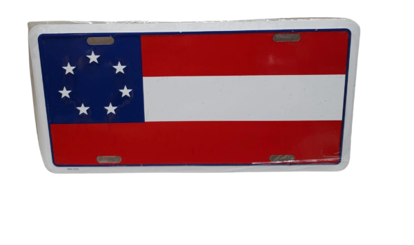 A red white and blue american flag license plate.