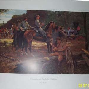 A painting of men on horseback in the woods.