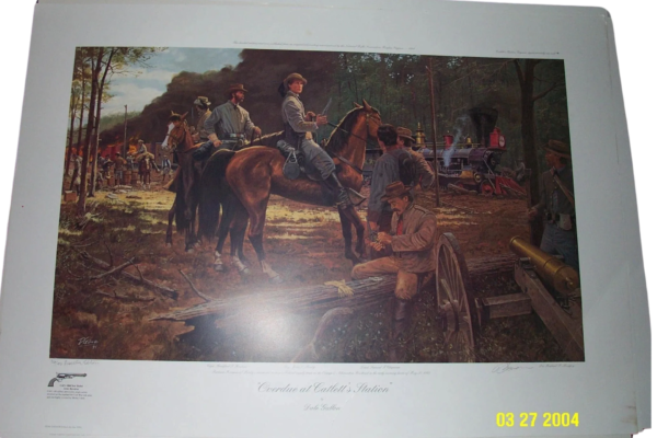 A painting of men on horseback in the woods.