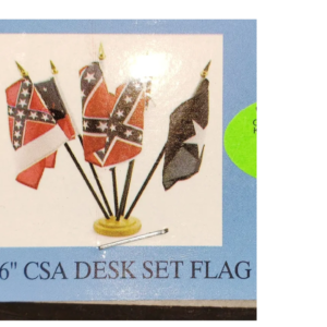 A box of flags with the confederate flag on them.