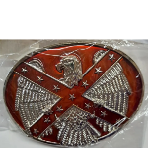 A red and silver metal plate with an eagle on it.