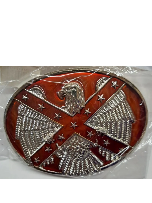 A red and silver metal plate with an eagle on it.