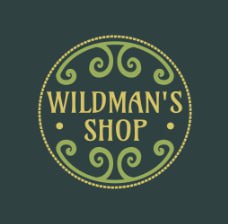 A green and yellow logo for the wildman 's shop.